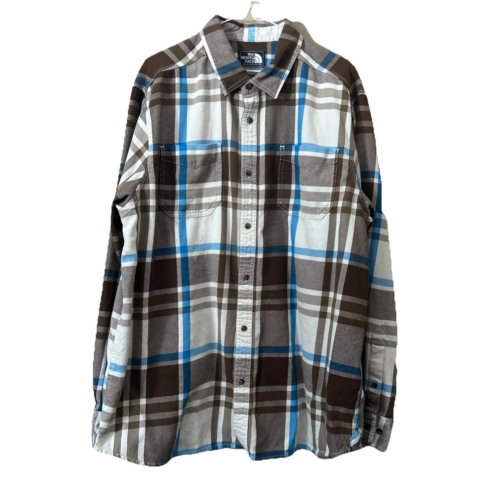 The North Face Mens XL Flannel Shirt Brown/Blue Plaid LS Button Front